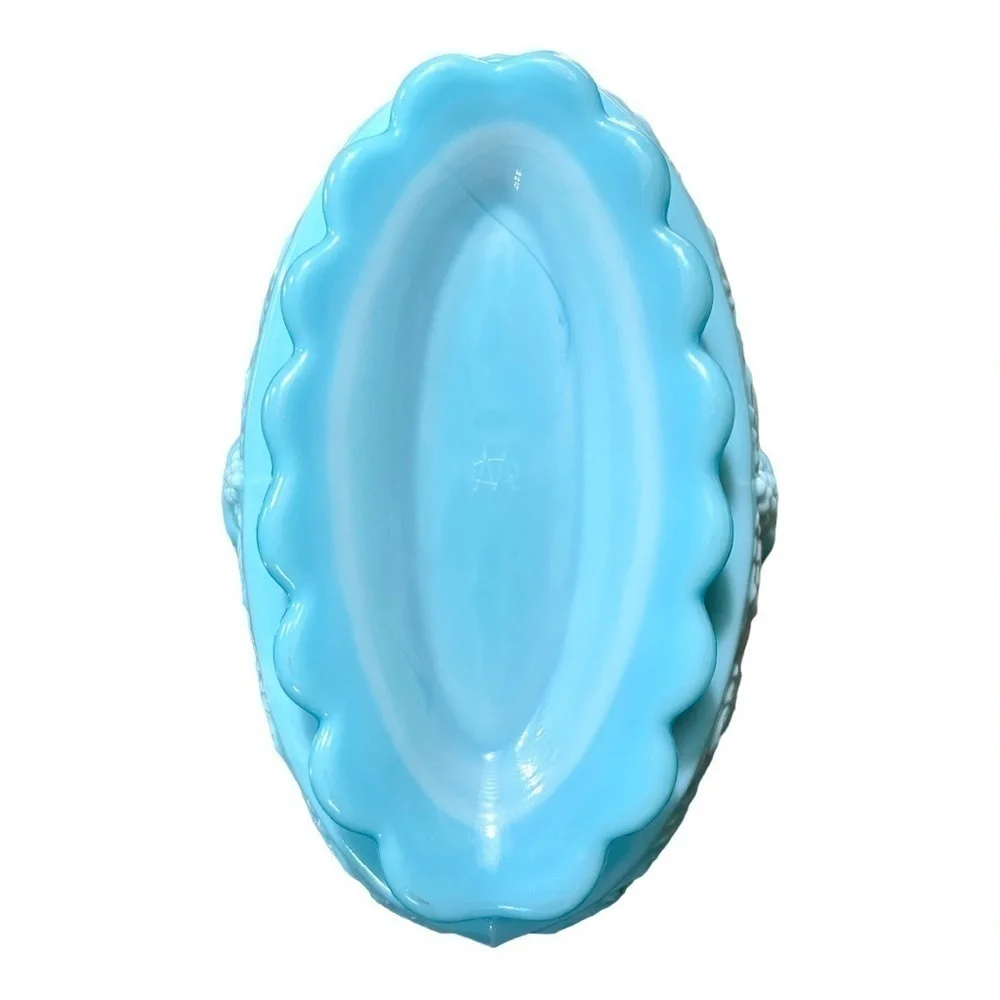 VINTAGE, WESTMORLAND, SATIN BLUE CUSTARD BASKET WITH SPLIT HANDLE.
